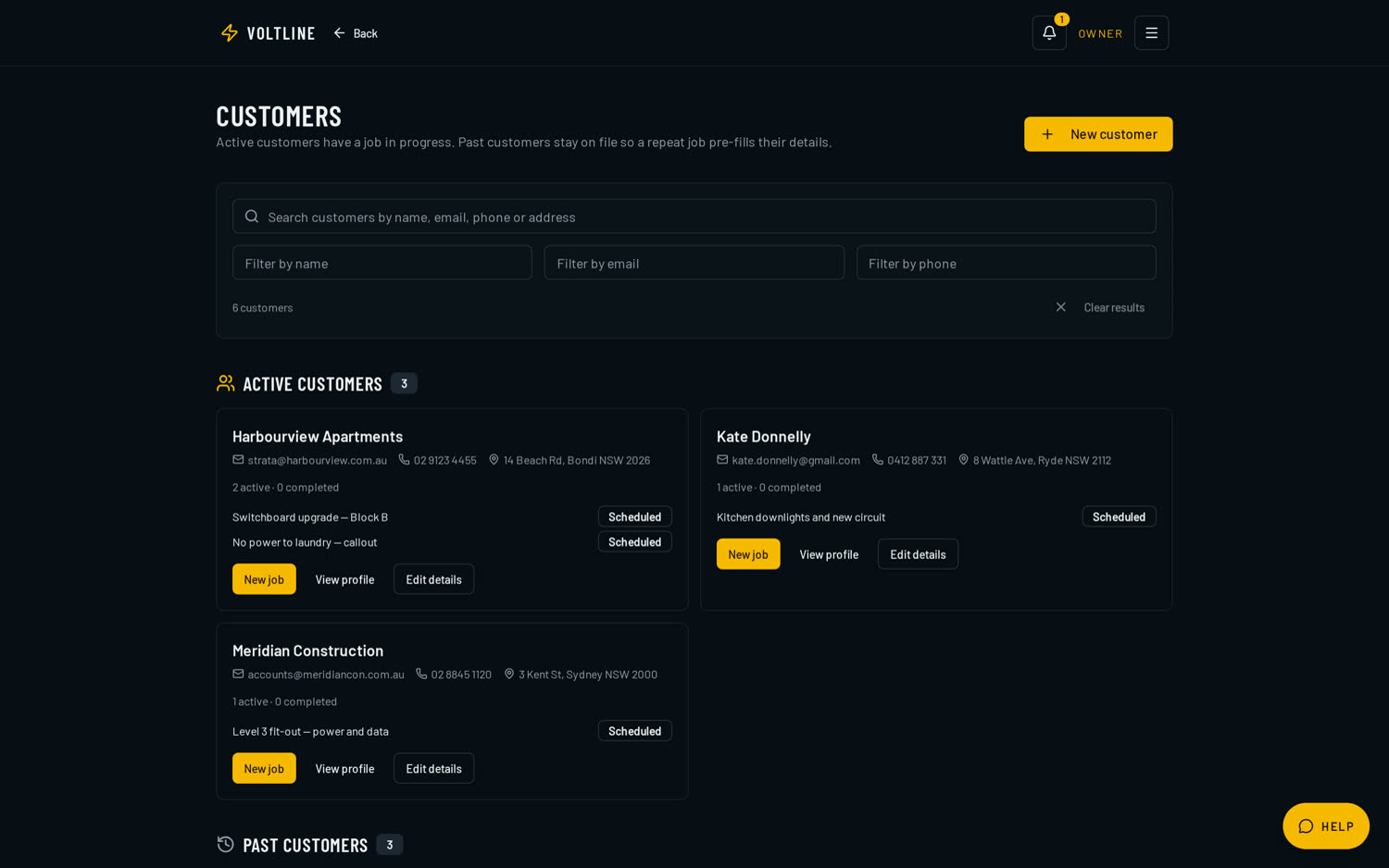 VoltLine customers screen listing active customers with contact details, addresses and their current jobs.
