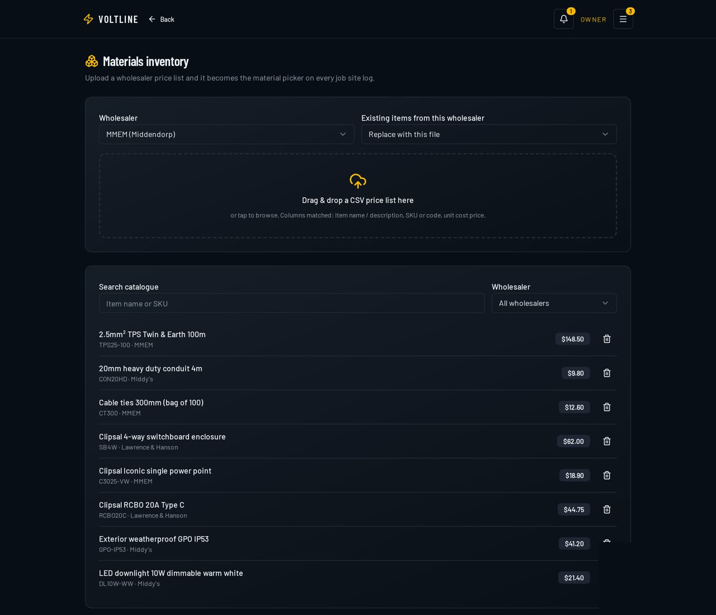 VoltLine materials inventory showing a wholesaler price list with item names, SKU codes and unit cost prices imported by CSV.