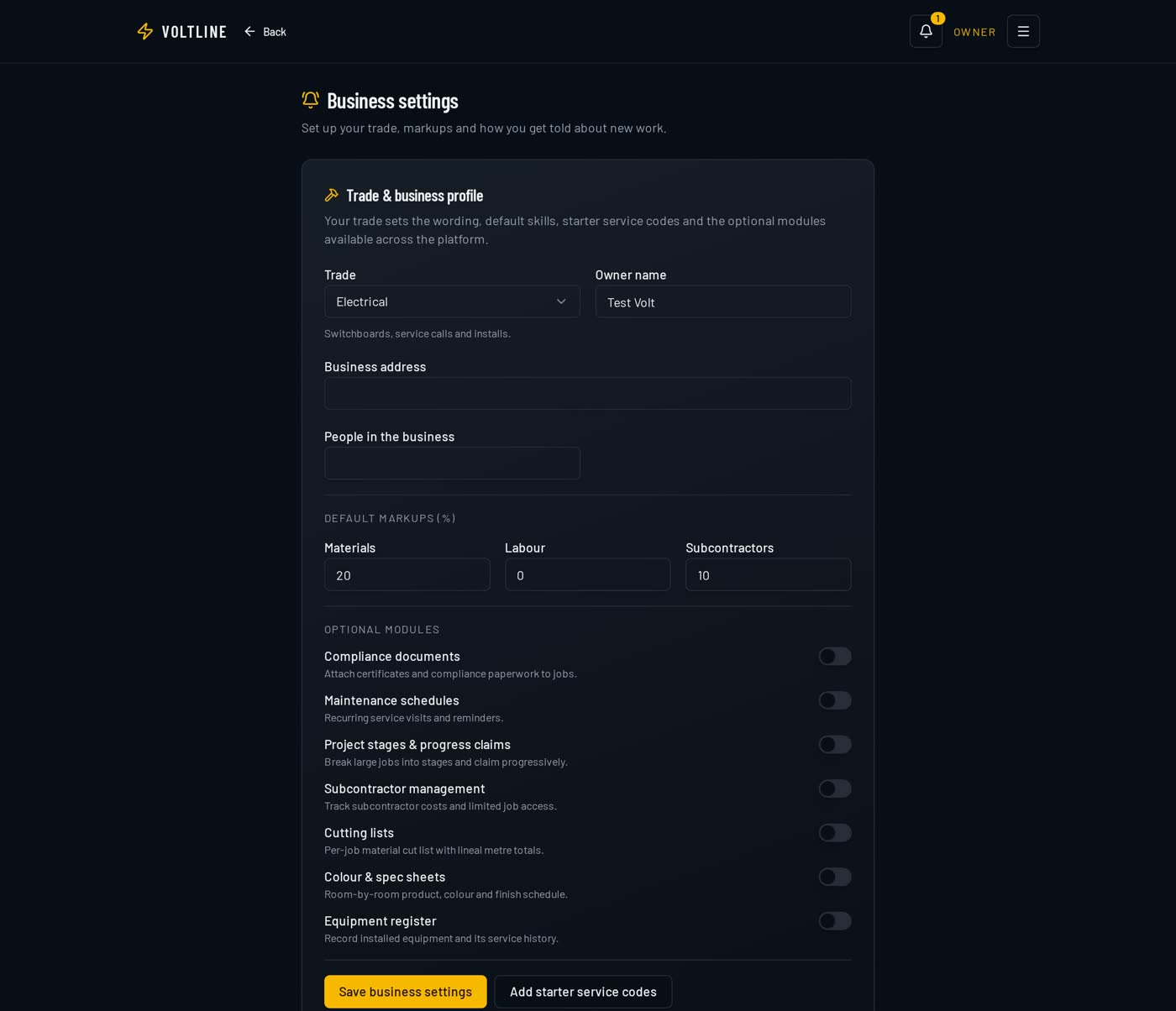 VoltLine business settings screen showing company details, ABN and GST settings, trade type and default rates.