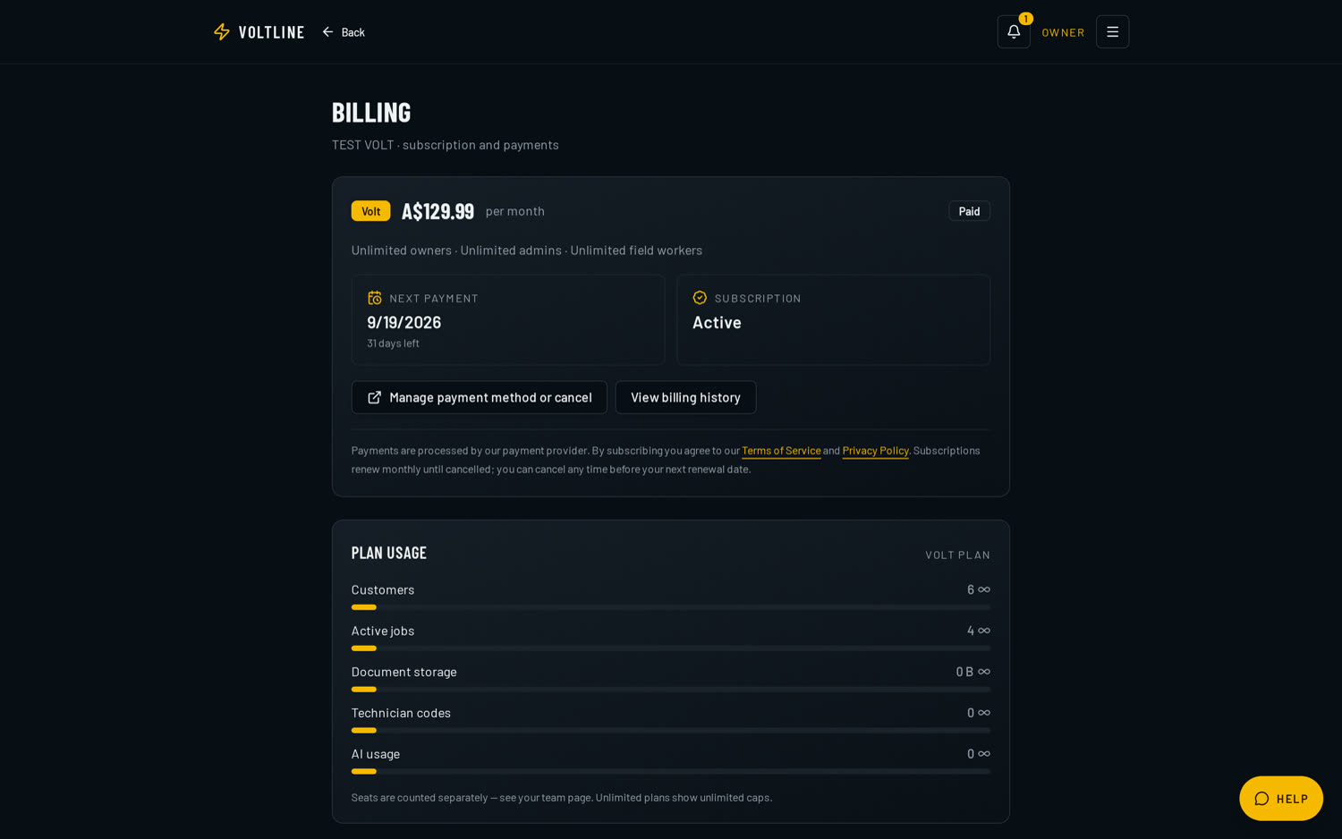 VoltLine in-app billing screen showing the current plan, usage against seat limits and an upgrade button.