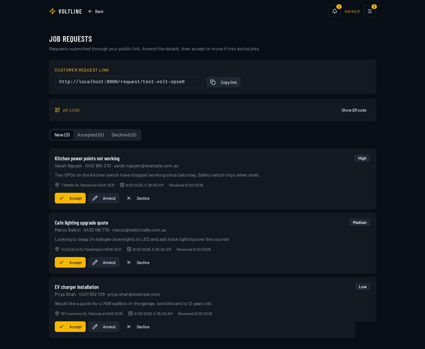 VoltLine job requests inbox showing customer enquiries with urgency badges and Accept, Amend and Decline actions, plus the public request link and QR code.