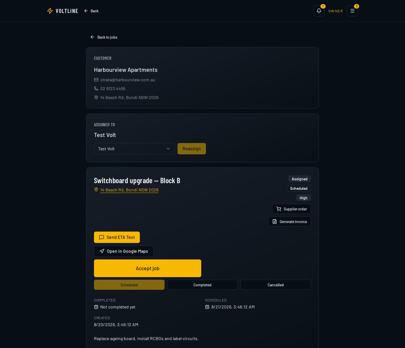 VoltLine job detail screen showing the customer, site address, assigned worker, live job status buttons, ETA SMS and generate invoice actions.