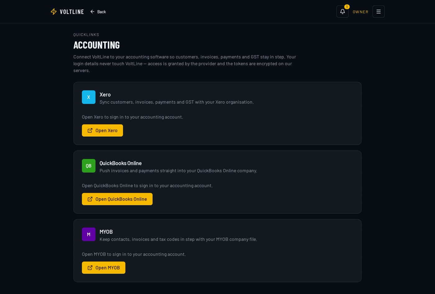 VoltLine accounting quicklinks screen with shortcuts into Xero, QuickBooks Online and MYOB for invoices and payments.