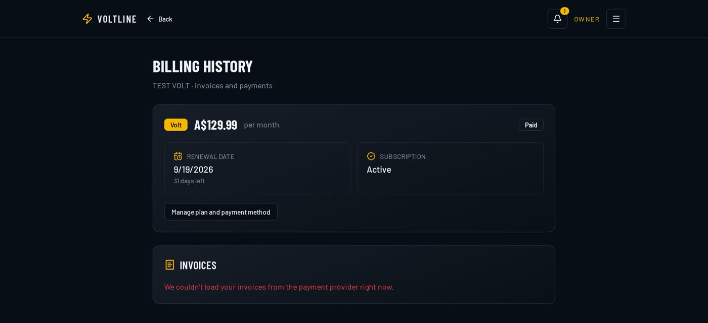 VoltLine billing history listing past payments with dates, amounts, paid status and downloadable tax invoices.