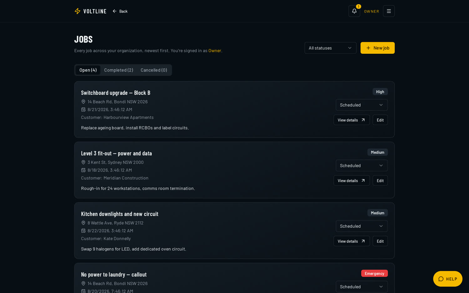 VoltLine job pipeline listing jobs with status badges, urgency levels, customer names and assigned crew.